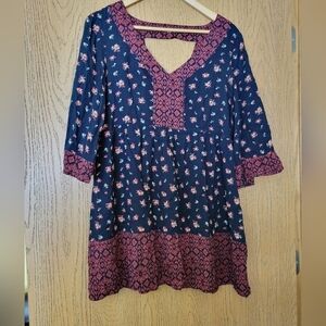 En Créme floral boho vneck cutout back mini shift dress Size S